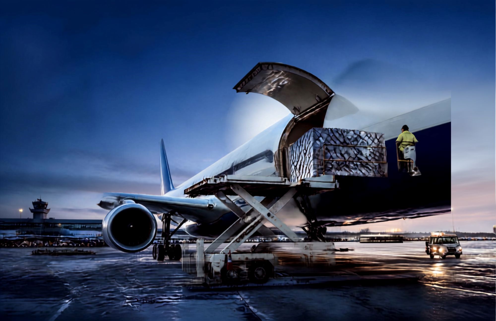Aircraft being loaded with cargo at an airport