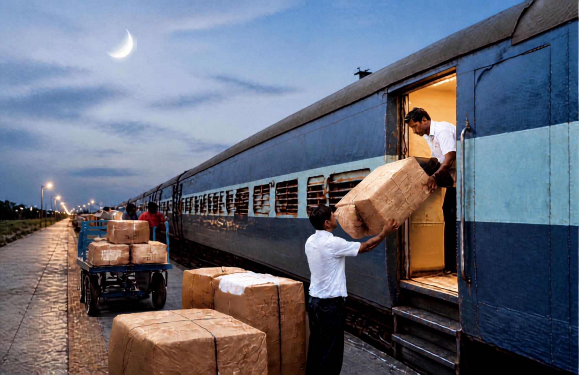 Workers loading parcels onto a train for cargo transportation