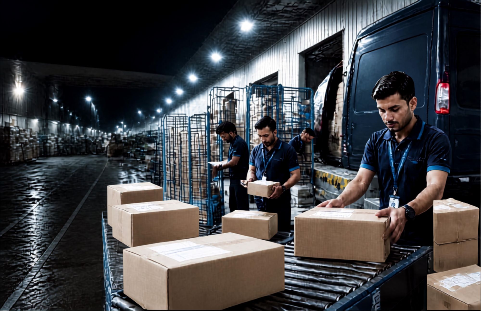 Courier workers handling and loading parcels at a delivery facility