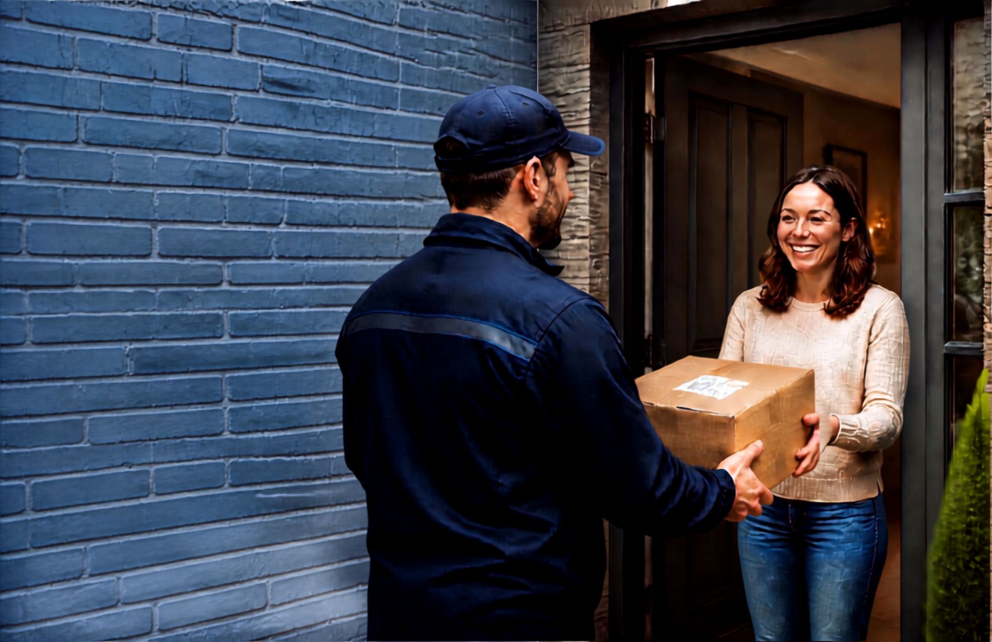 Courier delivery driver handing a parcel to a customer at the doorstep